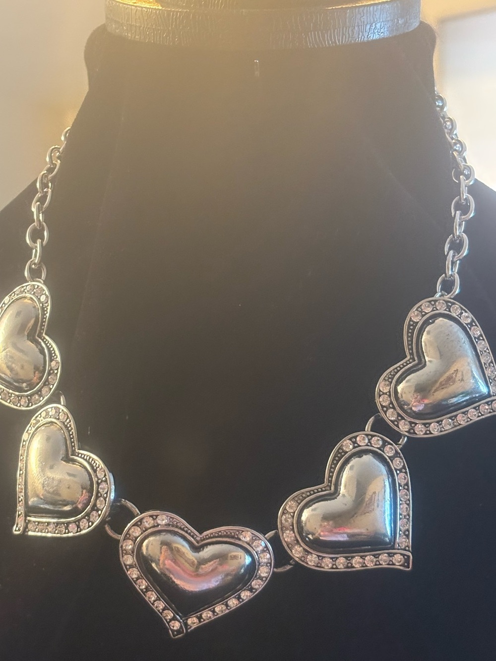 Silver Heart Statement Necklace - Sparkling Heart Link Design